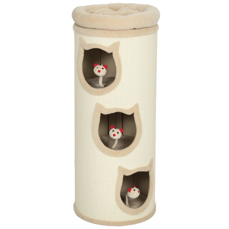 Torre tiragraffi per gatti 96 cm con 3 cucce, letto superiore sfoderabile e giochi pendenti, Cream White