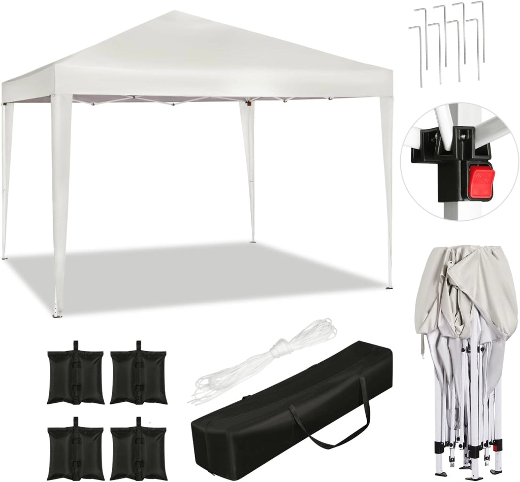 Gazebo da Giardino Richiudibile 3x3m Gazebo da Esterno in Ferro Regolabile in Altezza Tendone Pieghevole con Set di 4 Sacchi di Sabbia, Facile da Montare Beige