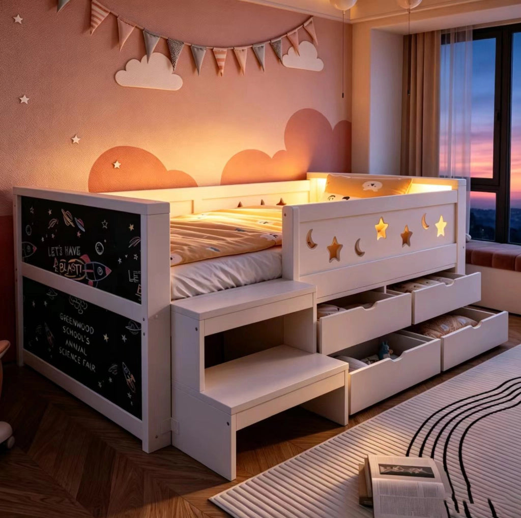 Letto singolo per bambini 90x200 cm con cassetti, lavagna, gradino e LED
