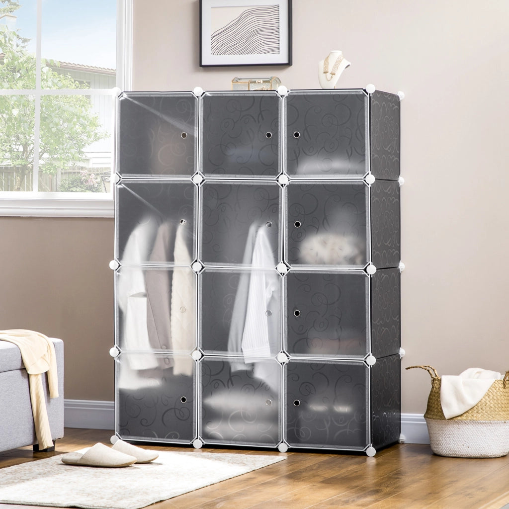 Armadio modulare aperto con 2 barre appendiabiti e 11 vani, per la casa, in plastica, nero, 111 × 47 × 145 cm