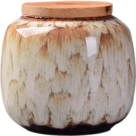 Cassetta di conservazione alimentare in ceramica a tenuta di aria con coperchio in bambù naturale telescopico per la conservazione di caffè, tè, spezie, noci in ceramica kaki, unico formato.