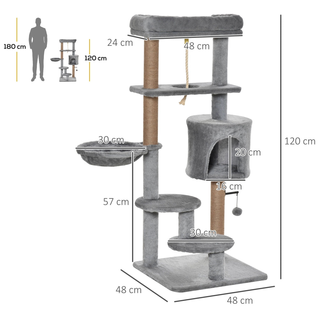 Albero tiragraffi per gatti con piattaforme, amaca e tana ¨C zephmum ¨C grigio 48x48x120 cm
