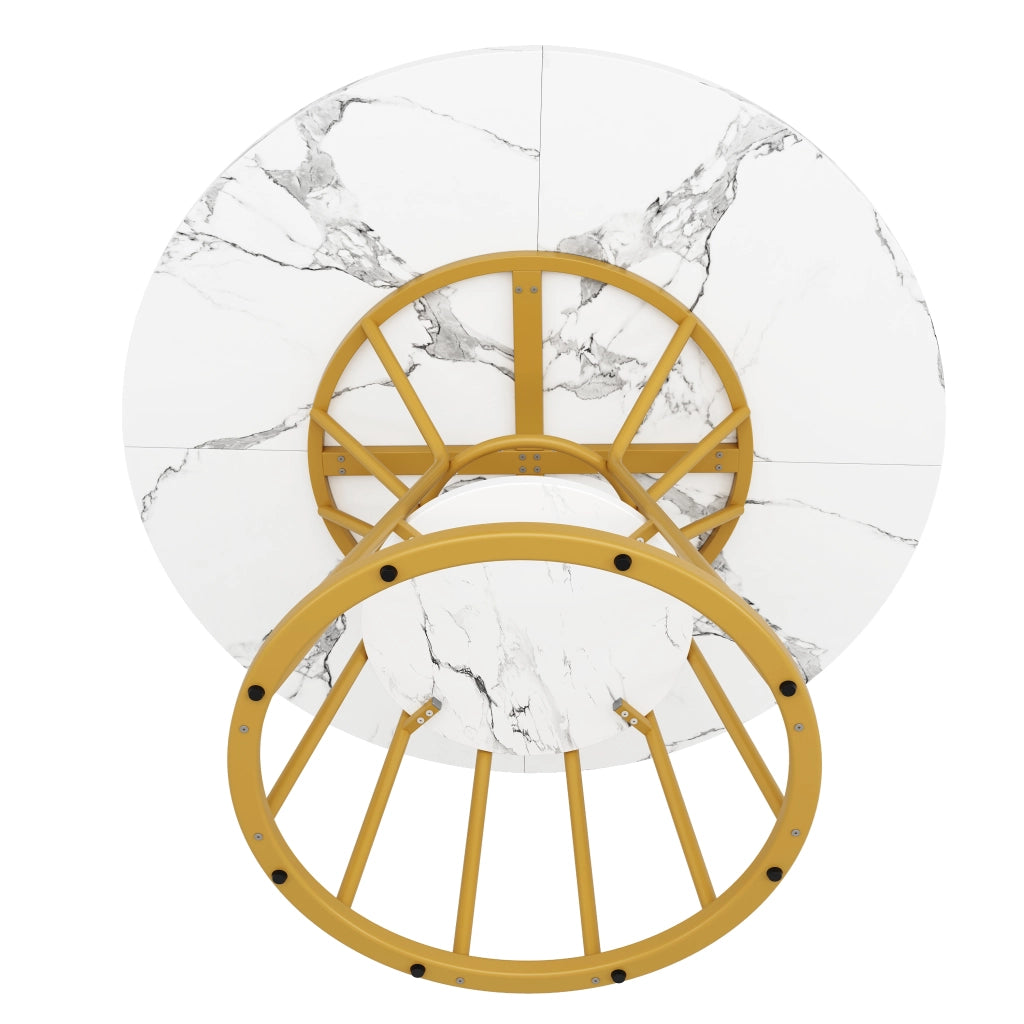 Tavolo da pranzo rotondo con piano in MDF effetto marmo e ripiano centrale per cucina soggiorno oro diametro 100 cm