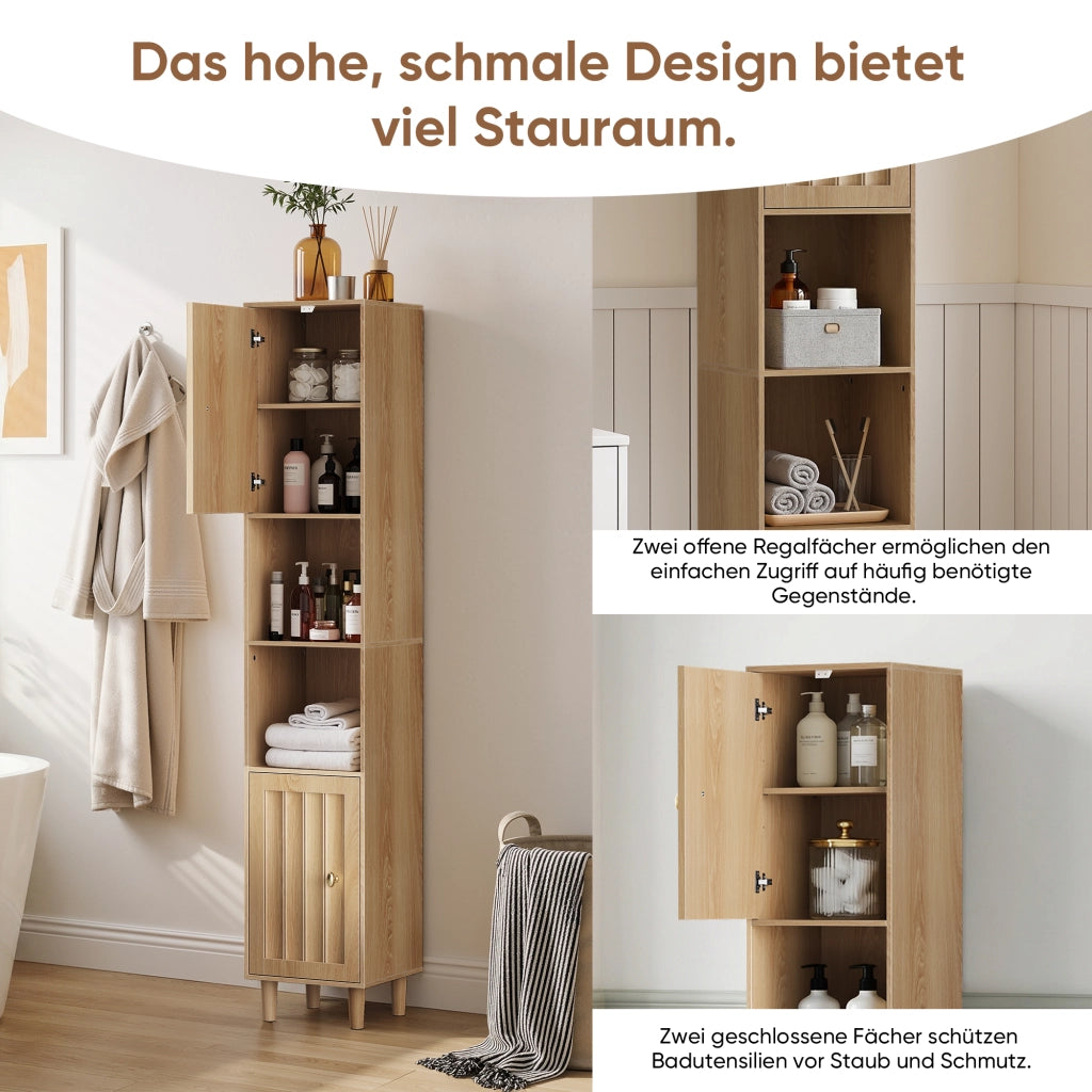 Armadietto da bagno con ante e vani aperti, stile mid-century, in MDF, rovere, per bagno e ingresso, 32 × 30 × 169 cm