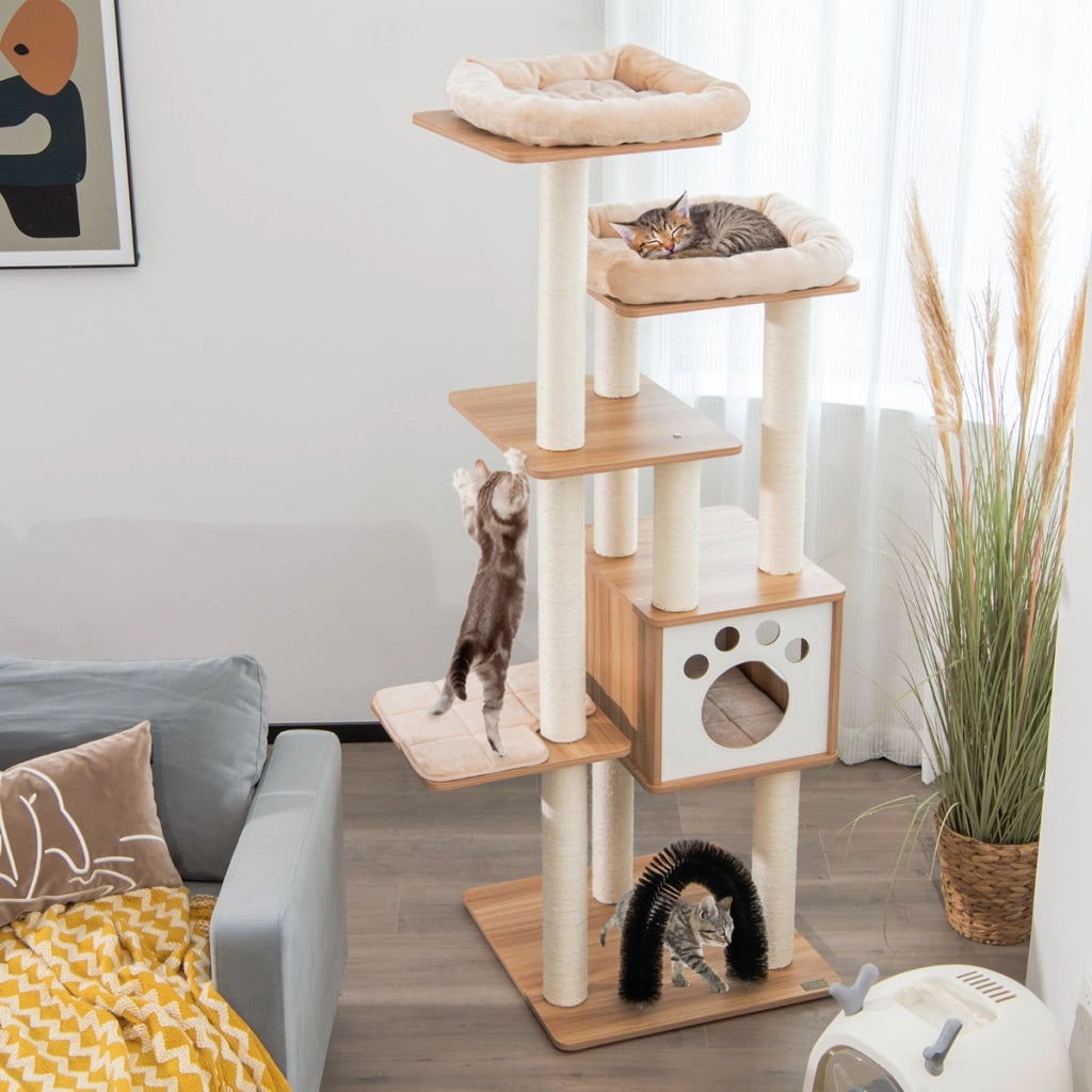 Albero tiragraffi per gatti con 2 trespoli in tessuto felpato arco massaggiante, Albero per gatti alto Beige-Alberi Tiragraffi