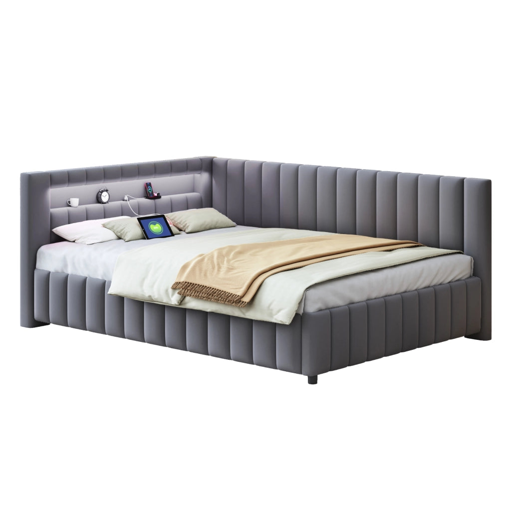 OKWISH Letto a Divano 140×200 cm, Letto Matrimoniale con LED Regolabile, USB e Schienale e Testiera, senza Materasso, Grigio