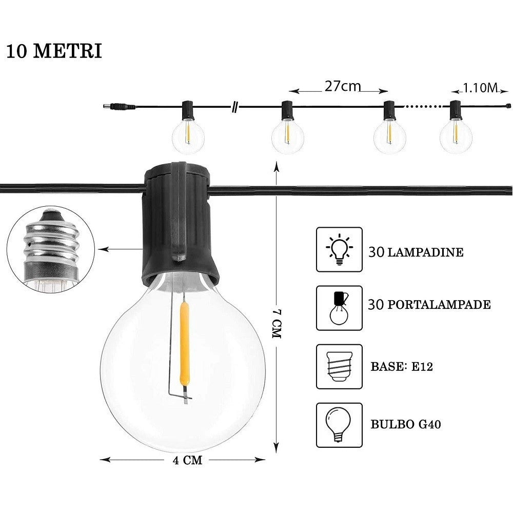 Trade Shop - Catena Luminosa Solare Crepuscolare 30 Lampadine Filo Led 3w Luce 2200k 10 Metri -