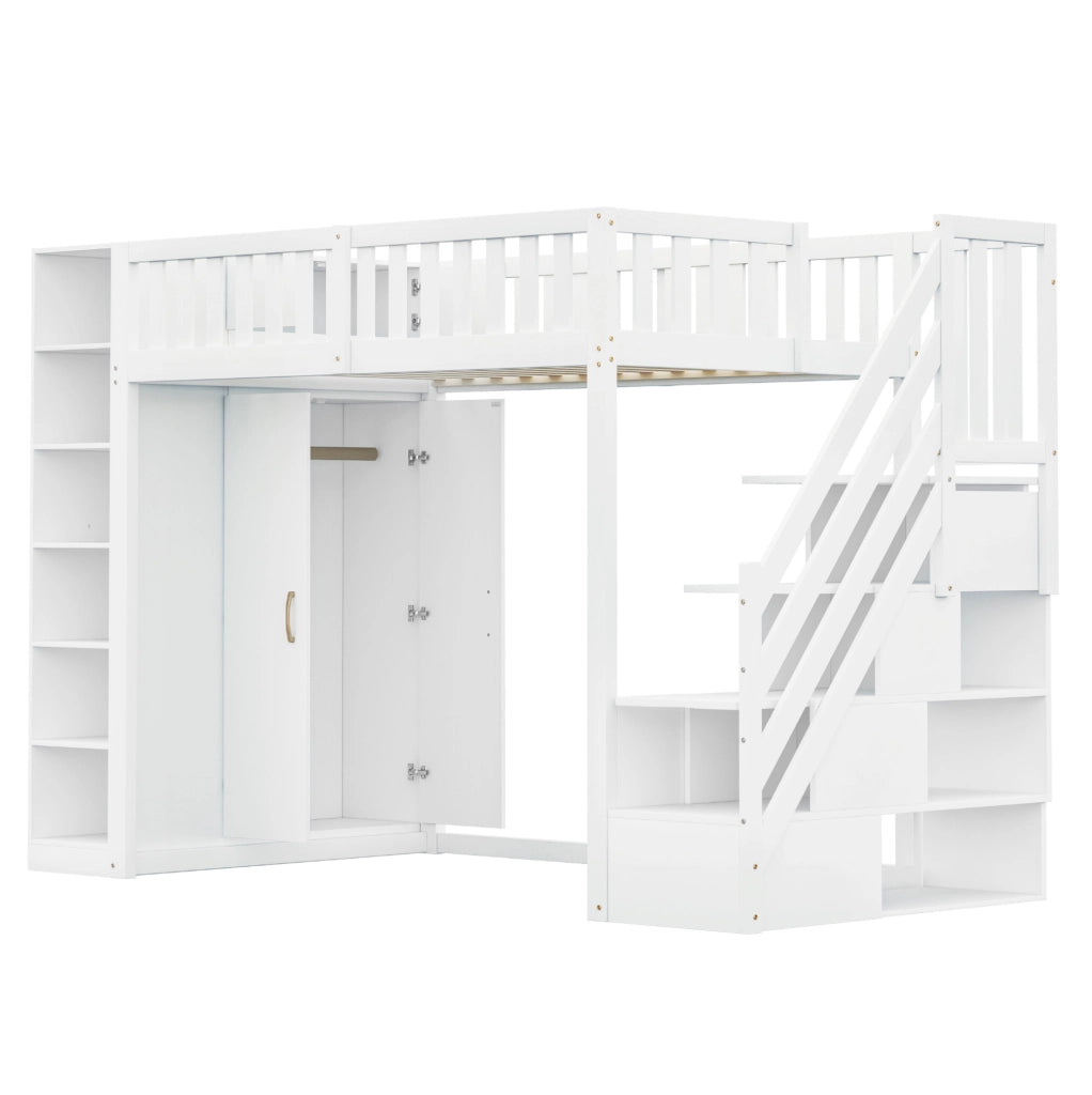 Letto a soppalco 90x200 cm in legno bianco con armadio; ripiani e scala contenitore