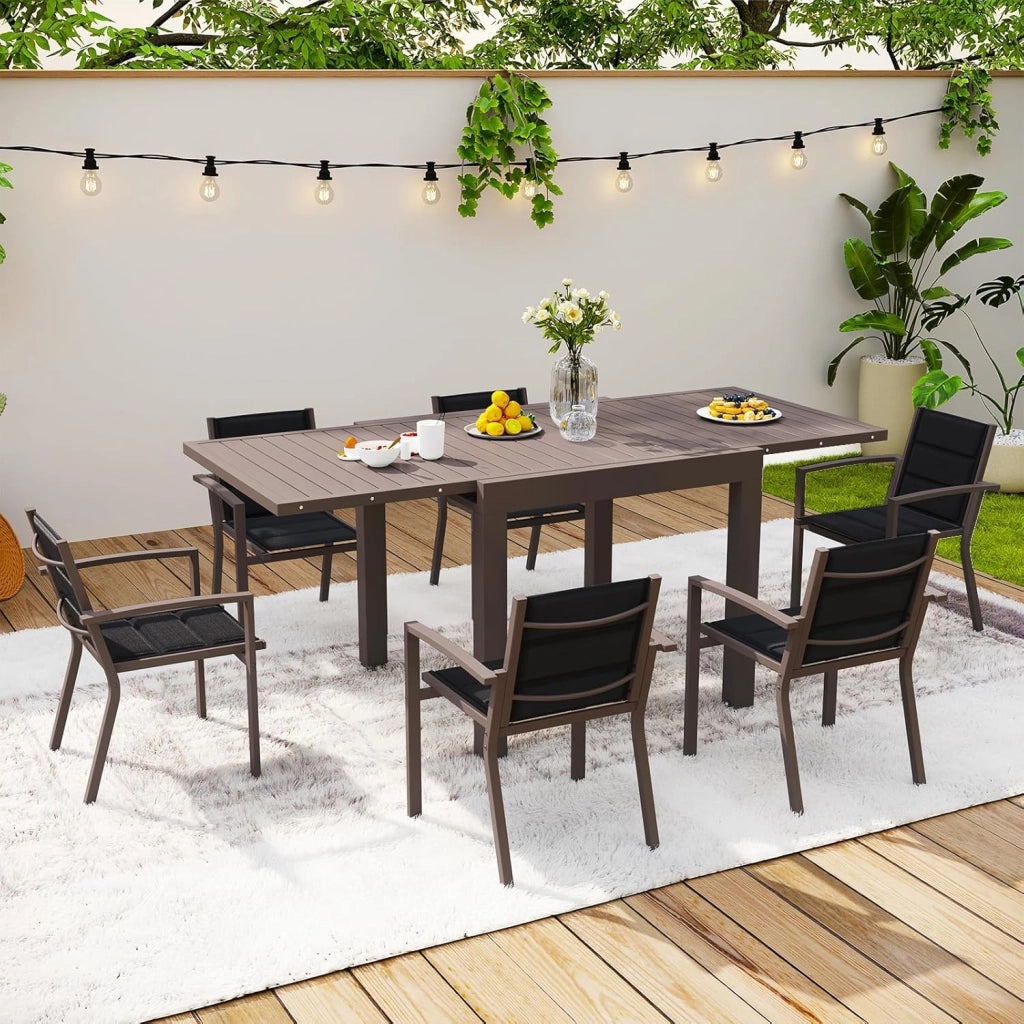 6 Persone Set Tavolo e Sedie Da Giardino In Alluminio, 6 Sedie Impilabili e 1 80-160CM Tavolo Da Giardino Allungabile In Alluminio, Set Da Giardino Esterno, Marrone