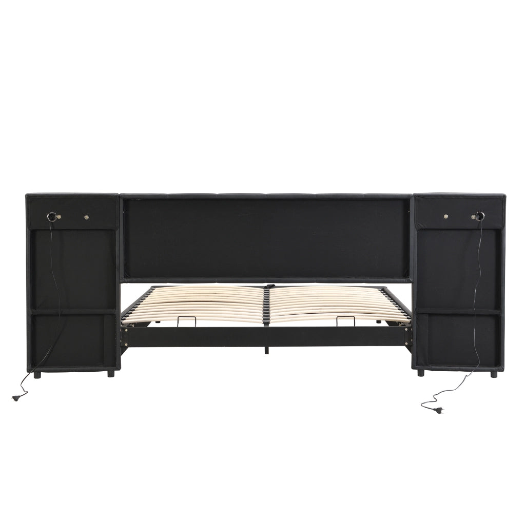 Letto imbottito 180x200 cm con USB; ricarica wireless; luce e contenitore; PU nero