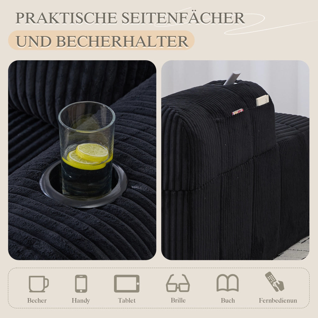 Fauteuil relax in corduroy con tasche laterali e portabicchieri, schiuma ad alta densità nero 158 × 93 × 61 cm