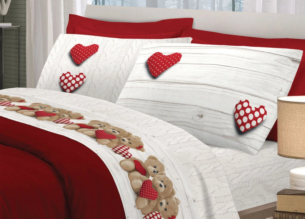 Completo Lenzuola Linea Pensieri Delicati 100% Cotone Disegno New Orsetti - Piazza E Mezza - Rosso
