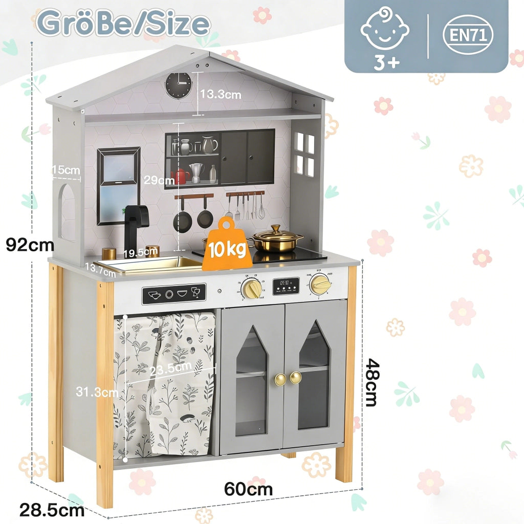 Cucina giocattolo per bambini con rubinetto, fornello, lavello, armadietto e spazio in MDF grigio 28.5 × 60 × 92 cm
