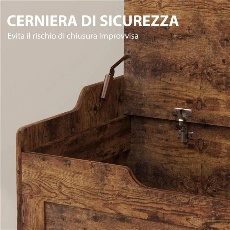 PANCA CONTENITORE DA 103L MULTIFUNZIONE COLOR LEGNO CON CUSCINO IN TESSUTO GRIGIO, 75X40X56 CM