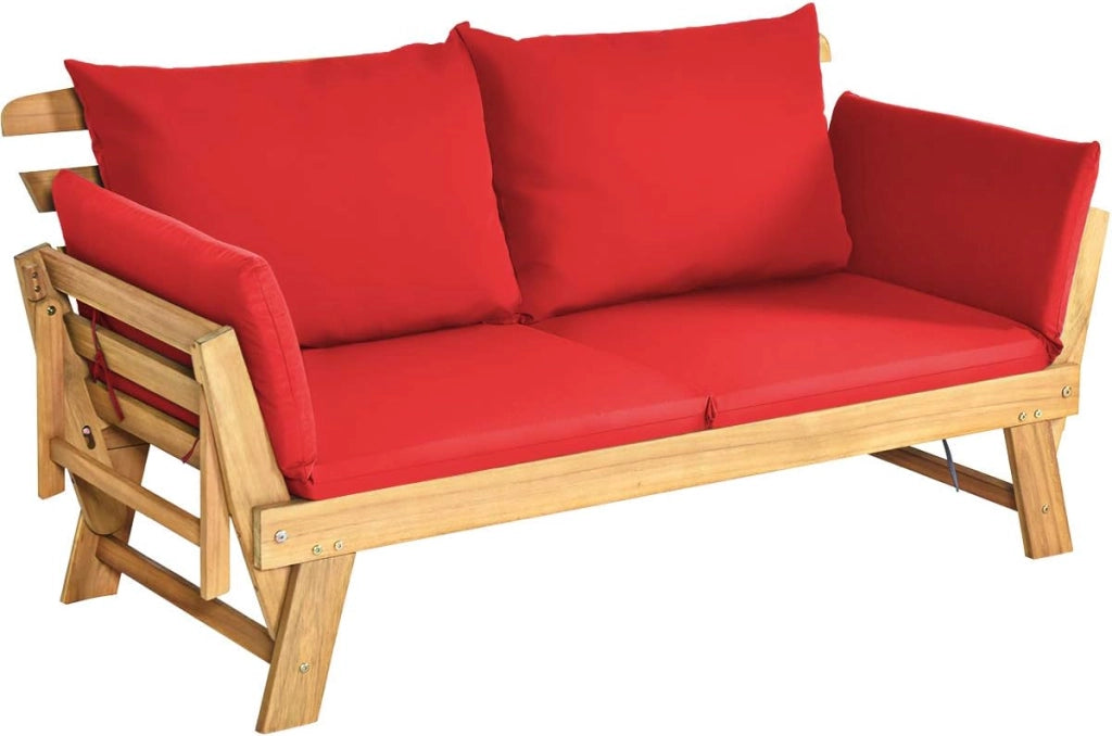 Divano Letto 2 Posti da Esterno in Legno di Acacia con Braccioli Regolabili, Sdraio da Giardino con Cuscini, Chaise longue Pieghevole per Giardino, Piscina, Cortile (Rosso)