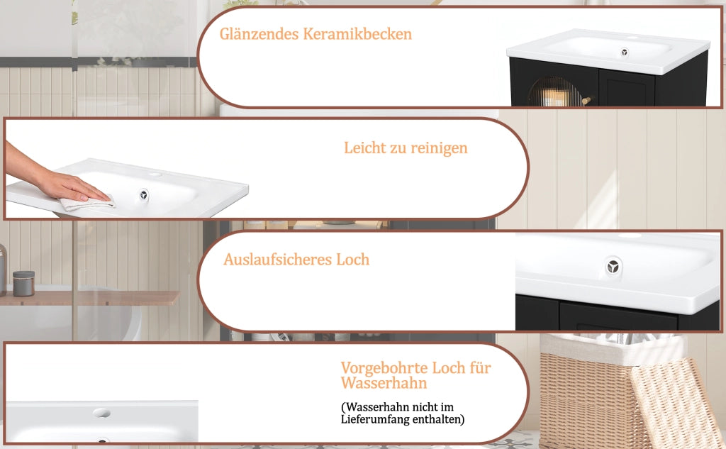 Mobile sottolavabo da bagno a parete con lavabo in ceramica LED anta in vetro rigato e chiusura soft close nero