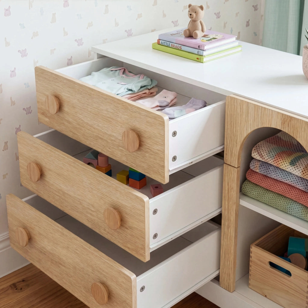 Cassettiera Vaarentaa per Cameretta con 3 Cassetti e 2 Vani Aperti 79x41x66 cm - Bianco/Effetto Rovere [en.casa]