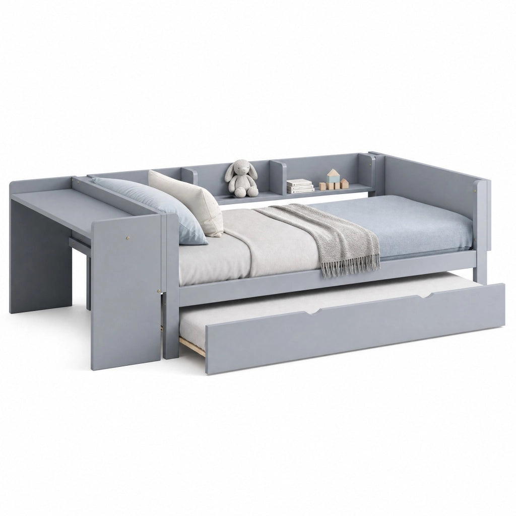 Letto singolo bambini 90x200 grigio con letto estraibile e scrivania