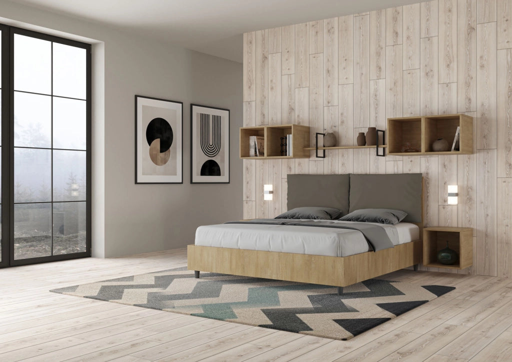 Letto Matrimoniale 160x190 cm con Rete e Contenitore Alzata Comoda Struttura Quercia con Cuscini in Similpelle Egos
