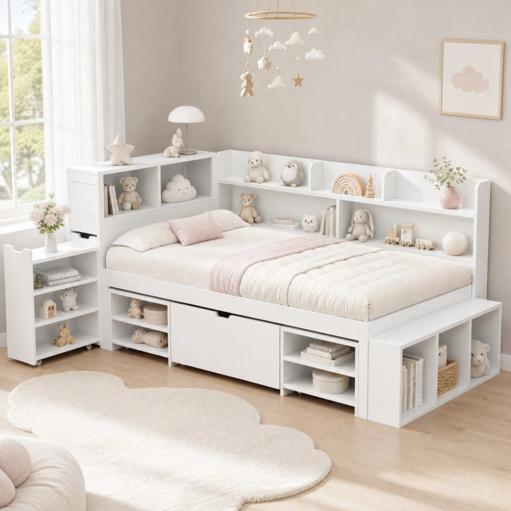 Letto per bambini 90x200 cm con cassetti, libreria e armadietto, con rete a doghe, bianco, senza materasso