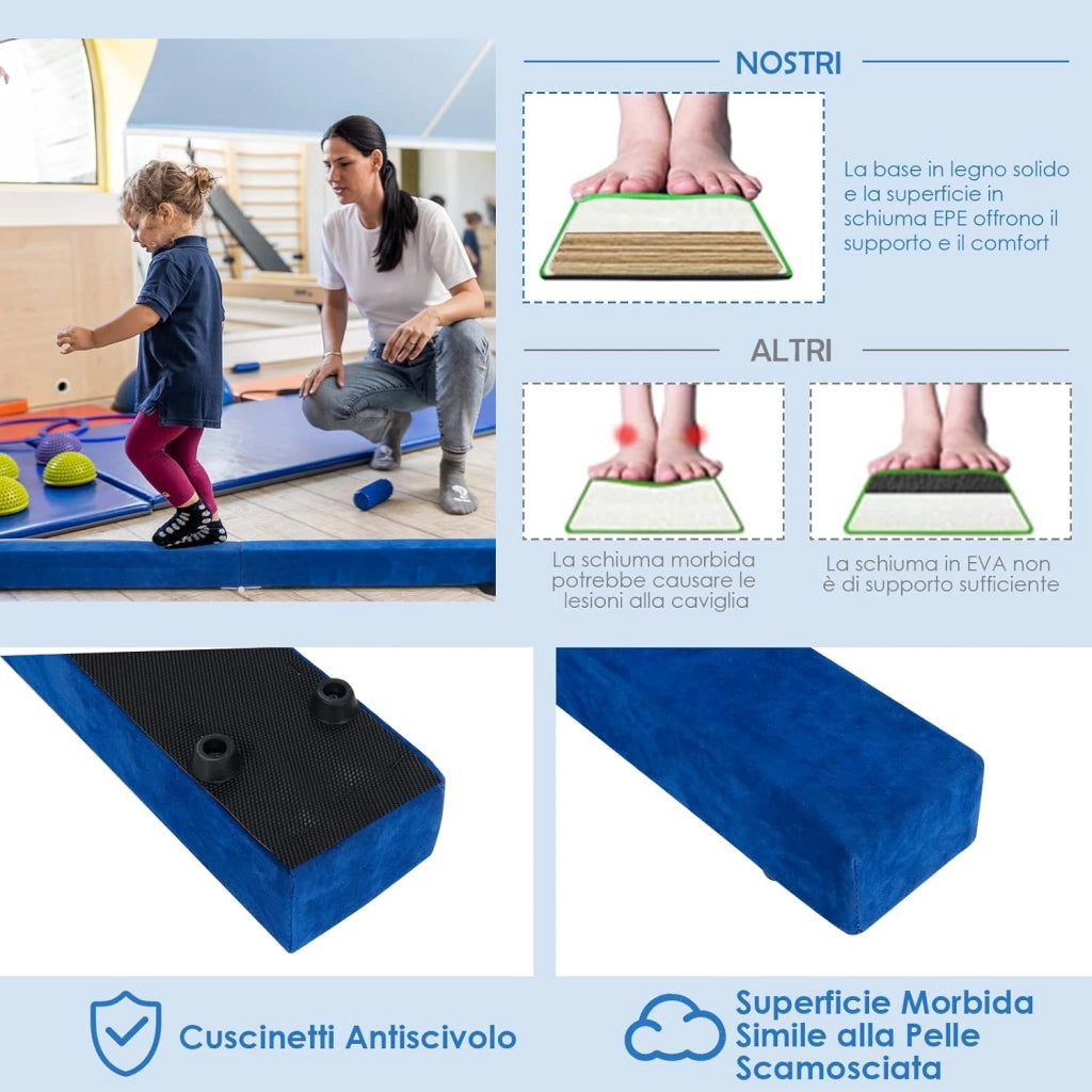 Trave Ginnastica Artistica per Casa 210/240 cm, Trave Pieghevole per Bambini con Maniglia, Base in Legno e Fondo Antiscivolo, Trave di Equilibrio da Pavimento