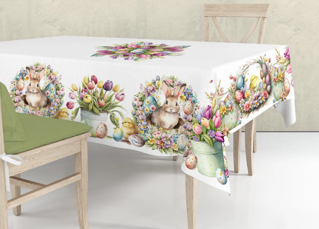 Tovaglia Cucina Copritavolo 100% Cotone Made In Italy Coniglio Bunny Fiori Ciccio - 140x140 - Coniglio