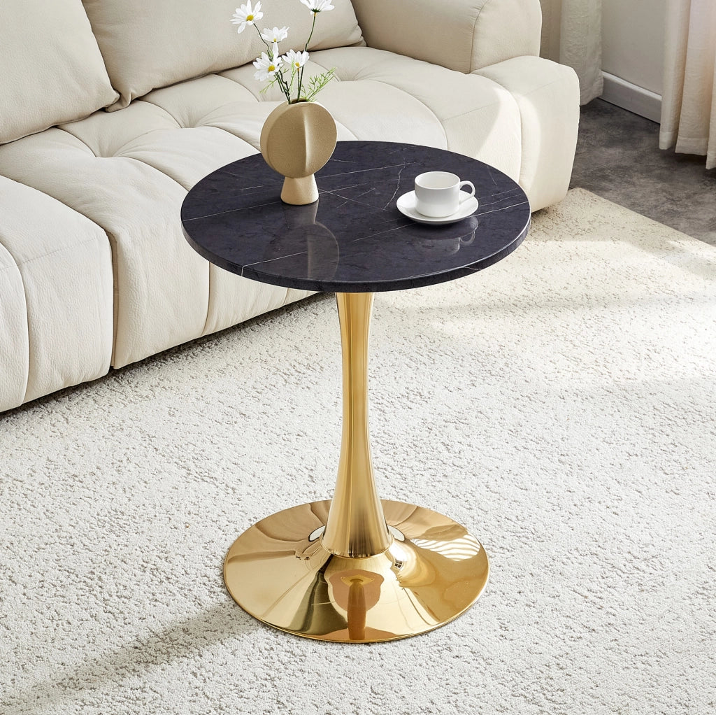 Tavolo rotondo da salotto in MDF e metallo; effetto marmo nero con base oro; altezza 72 cm