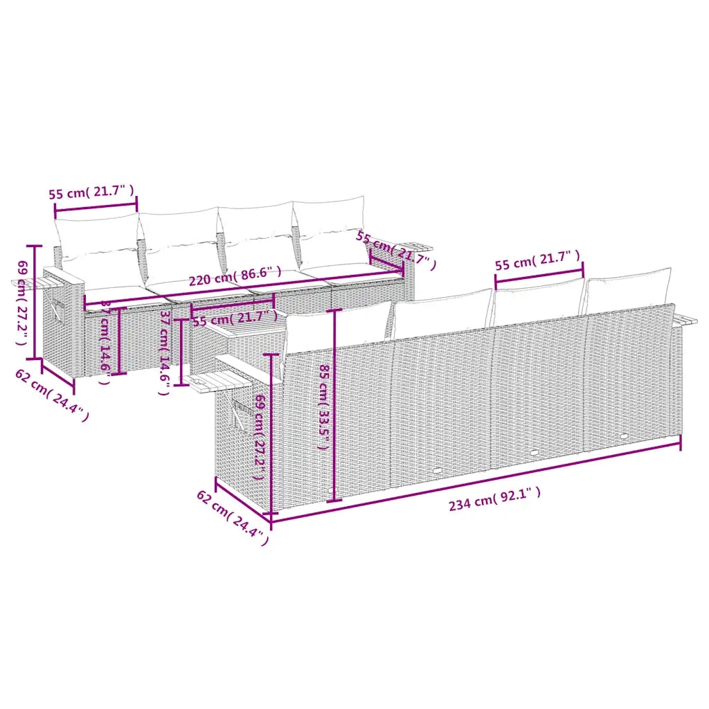 Set Divani da Giardino 9 pz con Cuscini Grigio in Polyrattan 3226663