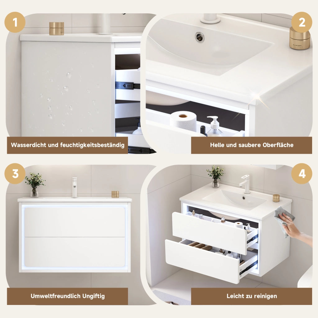 Mobile per lavabo singolo sospeso con 2 cassetti; LED a sensore; MDF e ceramica bianco 76 × 46 × 48.5 cm