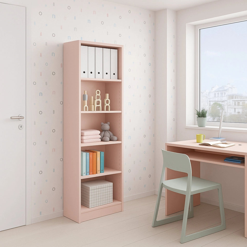 Libreria Artico, Mobile portalibri alta a 5 ripiani, Scaffale da ufficio o cameretta, Scaffale moderno con scomparti, cm 52x25h80, Rosa