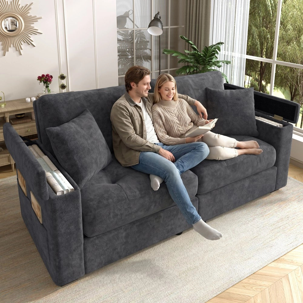 Divano 2 posti contenitore ¨C Minimal ¨C grigio scuro tessuto imbottito con cuscini 180cm