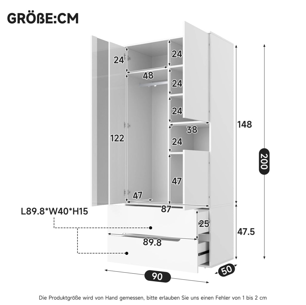 ARMADIO 3 ante con LED 90x50x200 cm Bianco MDF e vetro