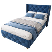 Letto Singolo 90 x 200 cm; 1 Posto con Testiera Imbottita e Piedi in Legno; senza Materasso; Velluto Blu