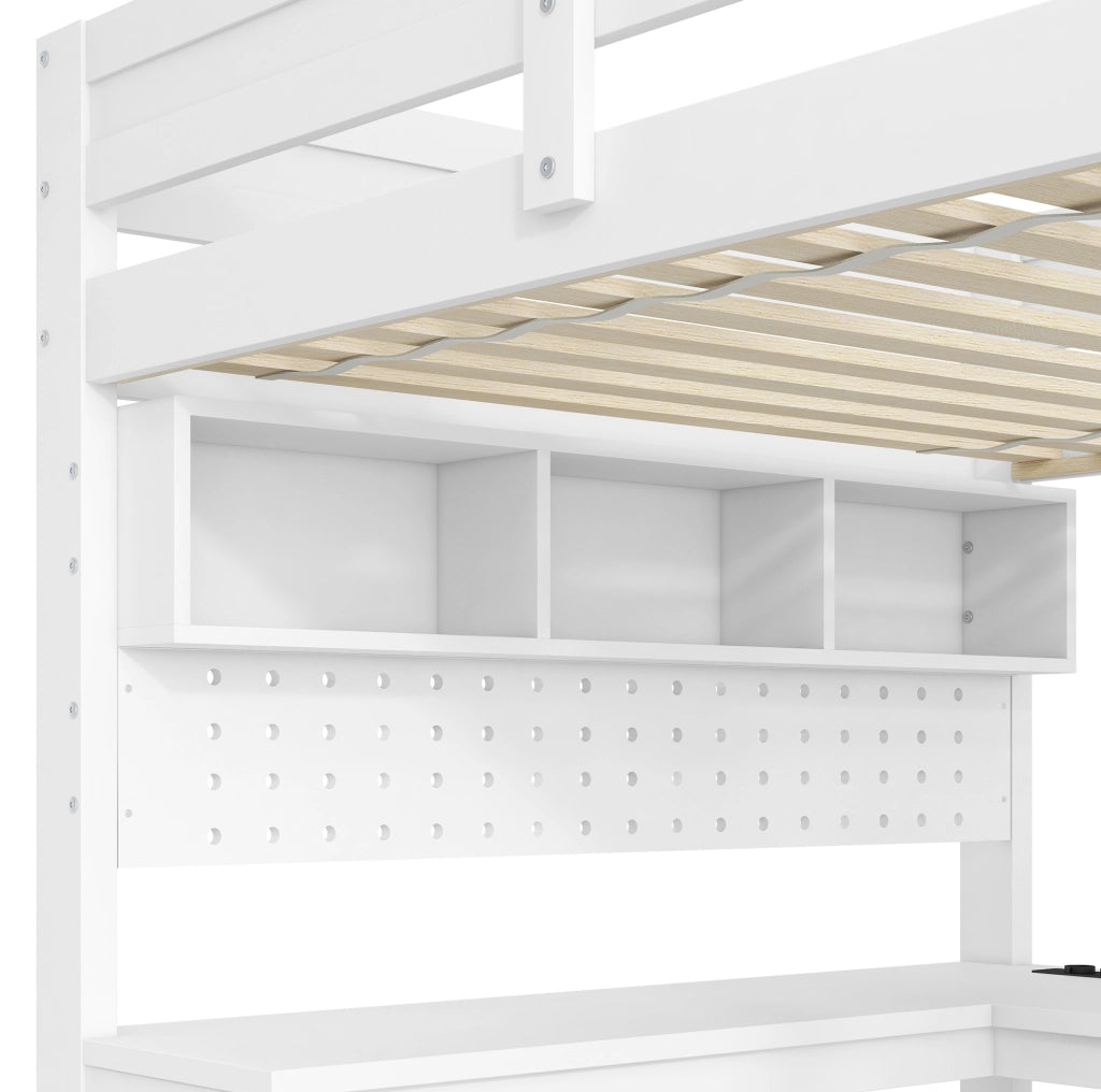 Letto a soppalco 90x200 cm con scrivania; ripiani; LED e porte USB; in MDF e pino bianco