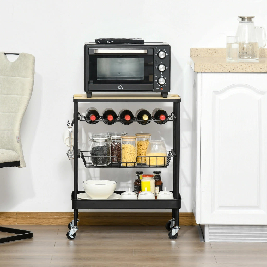 Carrello Multiuso per Cucina con Cestino e Portabottiglie ¨C Zephmum ¨C Nero 60.5x35.5x75 cm