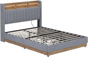 Letto imbottito Nura, Grigio, 140x200 cm con 4 cassetticon porta di ricarica USB, illuminazione a LED e telecomando