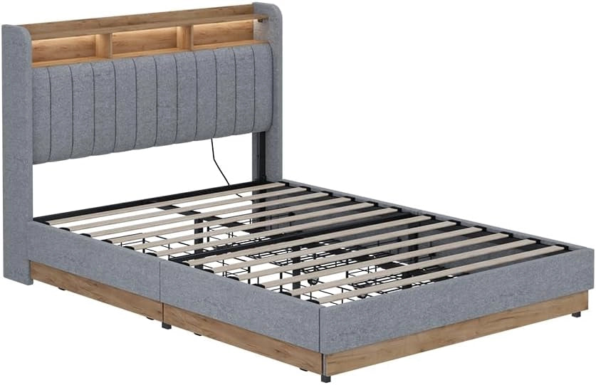 Letto imbottito Nura, Grigio, 140x200 cm con 4 cassetticon porta di ricarica USB, illuminazione a LED e telecomando