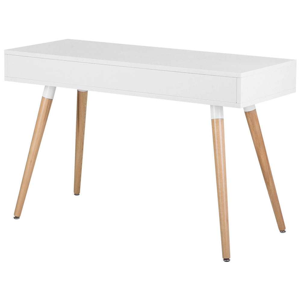 Scrivania Bianca 120 x 45 cm 2 Cassetti Scaffale Gambe in Legno Massello Scandinavo