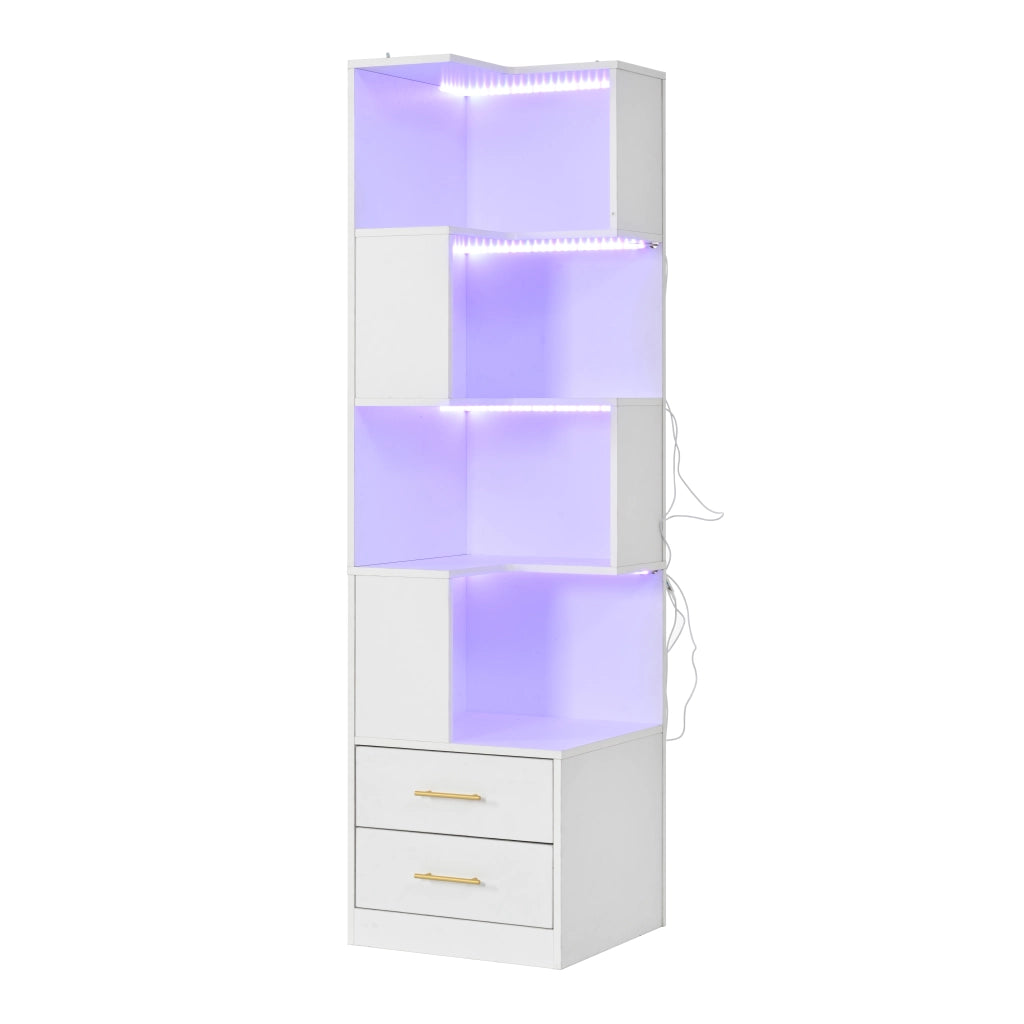 Libreria angolare con 2 cassetti e LED - per soggiorno - 165×45×45 cm - bianco