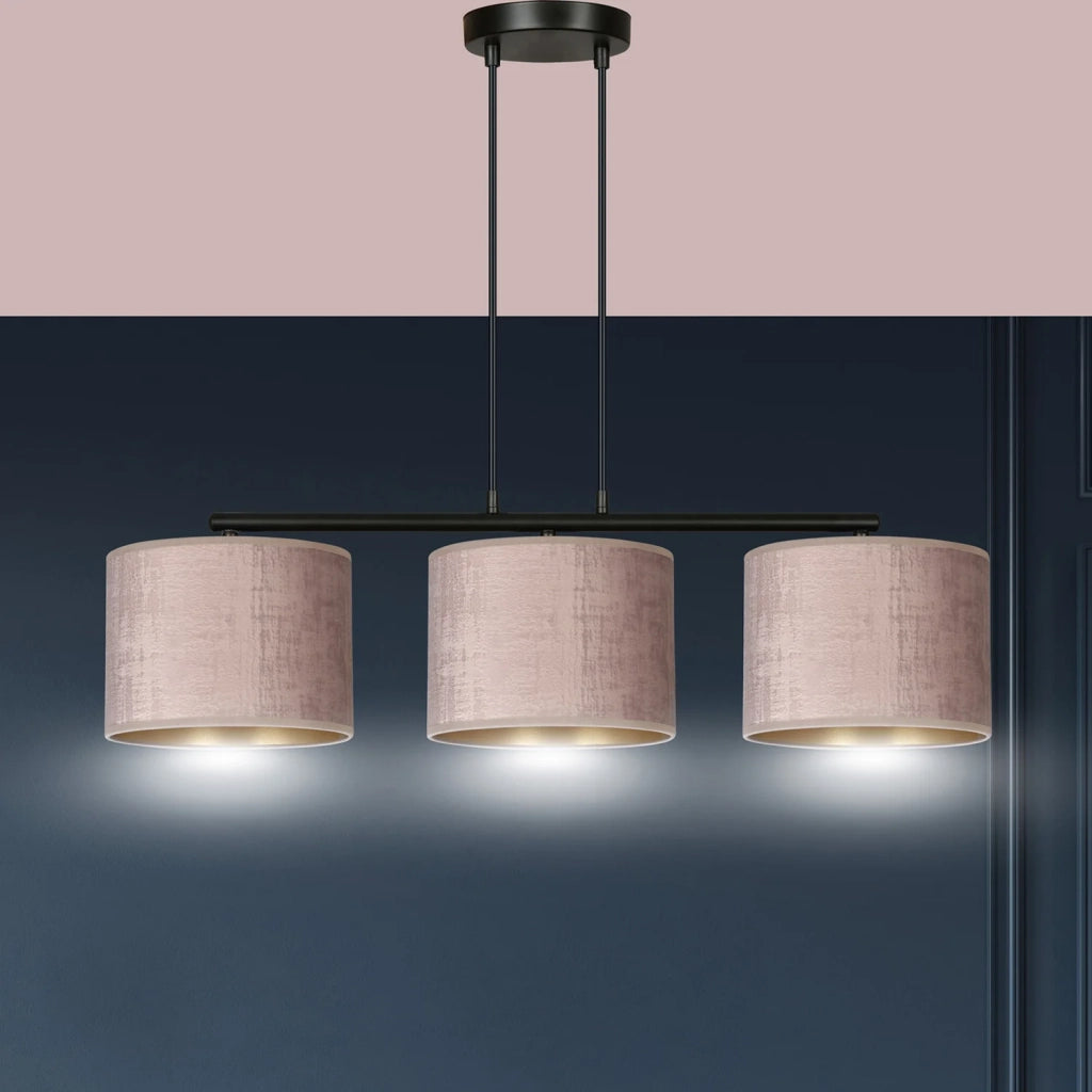 Lampadario 3 Luci Ganesha In Acciaio Nero E Paralumi In Tessuto Rosa