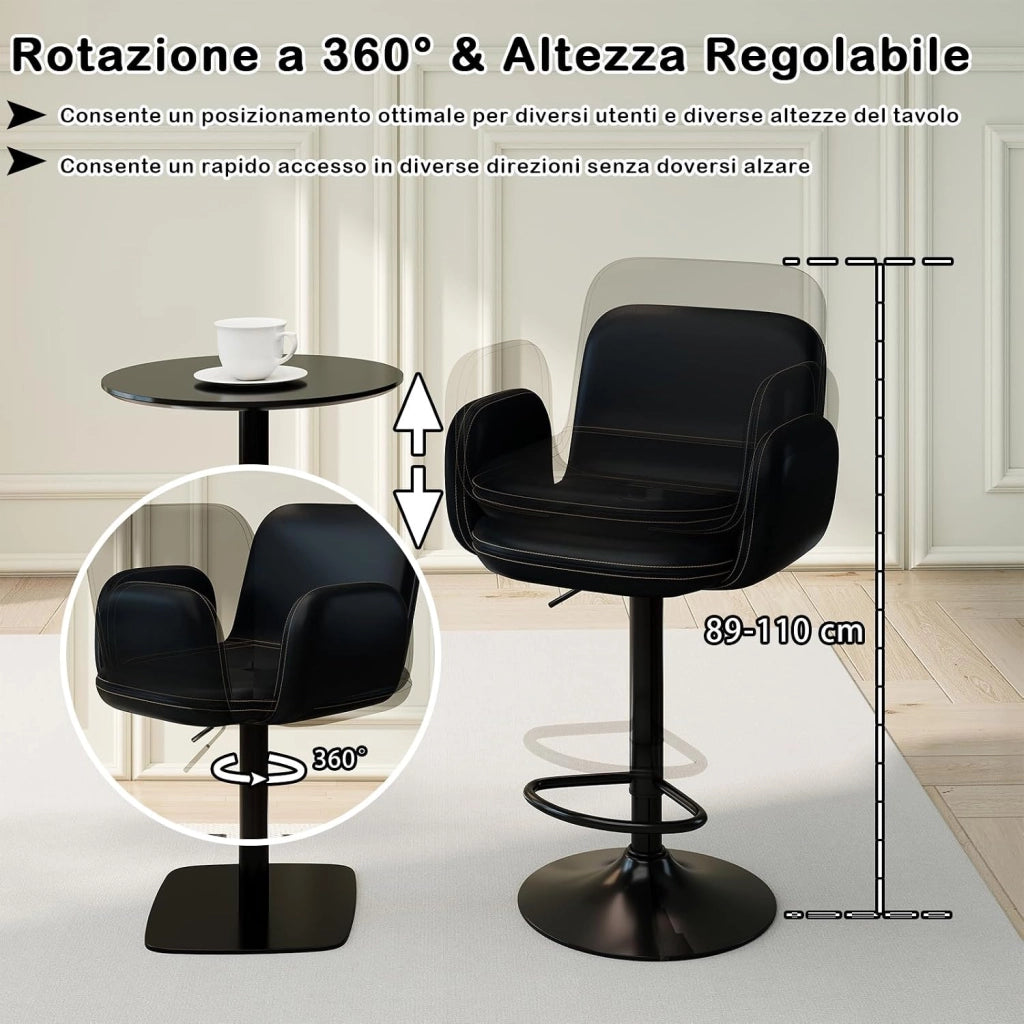 Sgabelli da Bar Girevoli in Pelle Finta con Altezza Regolabile | Set di 2 Sedie da Bar Moderne con Sedile Imbottito, Braccioli e Poggiapiedi per Sala da Pranzo, Cucina e Pub