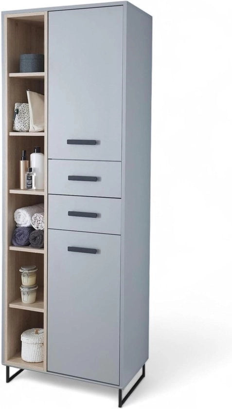 Cassettone bagno alto - 65 x 185 x 38 cm - spazio di stoccaggio - materiale in legno - colore grigio/eichen sonoma-look