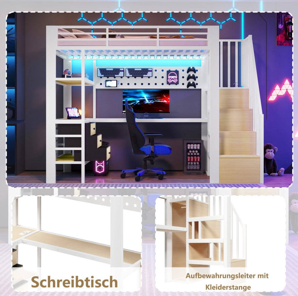 Letto a soppalco 90x200 cm con scrivania, LED e prese
