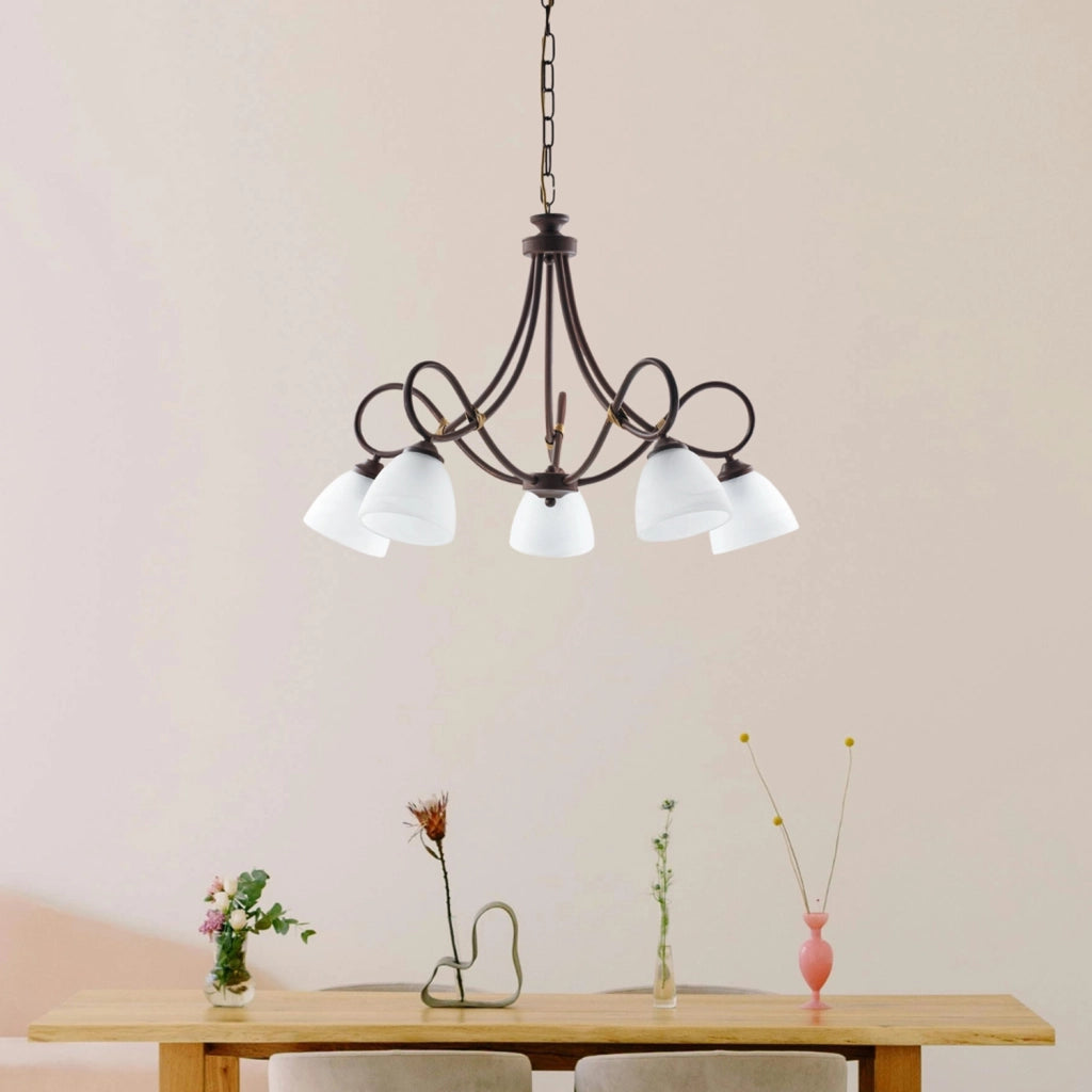 Lampadario 5 Luci Dallas BeLight Ferro Battuto Nero Ruggine Vetro Bianco