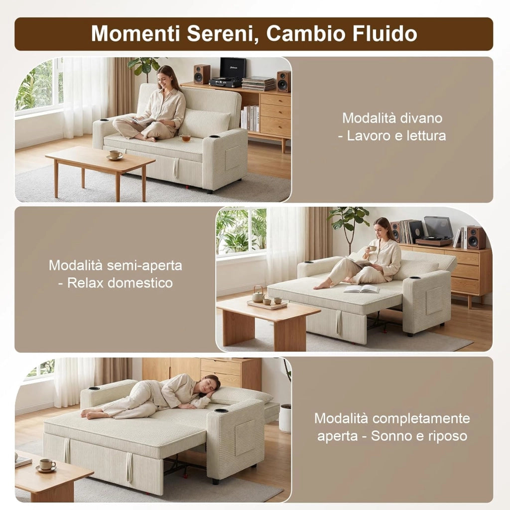 Divano Letto 2 Posti in Velluto Divano Matrimoniale Prontoletto Estraibile con Schienale Regolabile in 5 Posizioni per Soggiorno, Camera da Letto o Ufficio, 69P x 141L x 88H cm, Beige