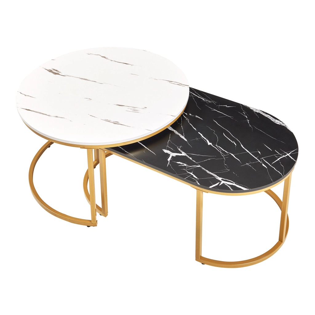 Set Oppeerg di 2 Tavolini Sovrapponibili da Salotto Rotondo e Ellittico - Effetto Marmo Nero-Bianco/Dorato [en.casa]