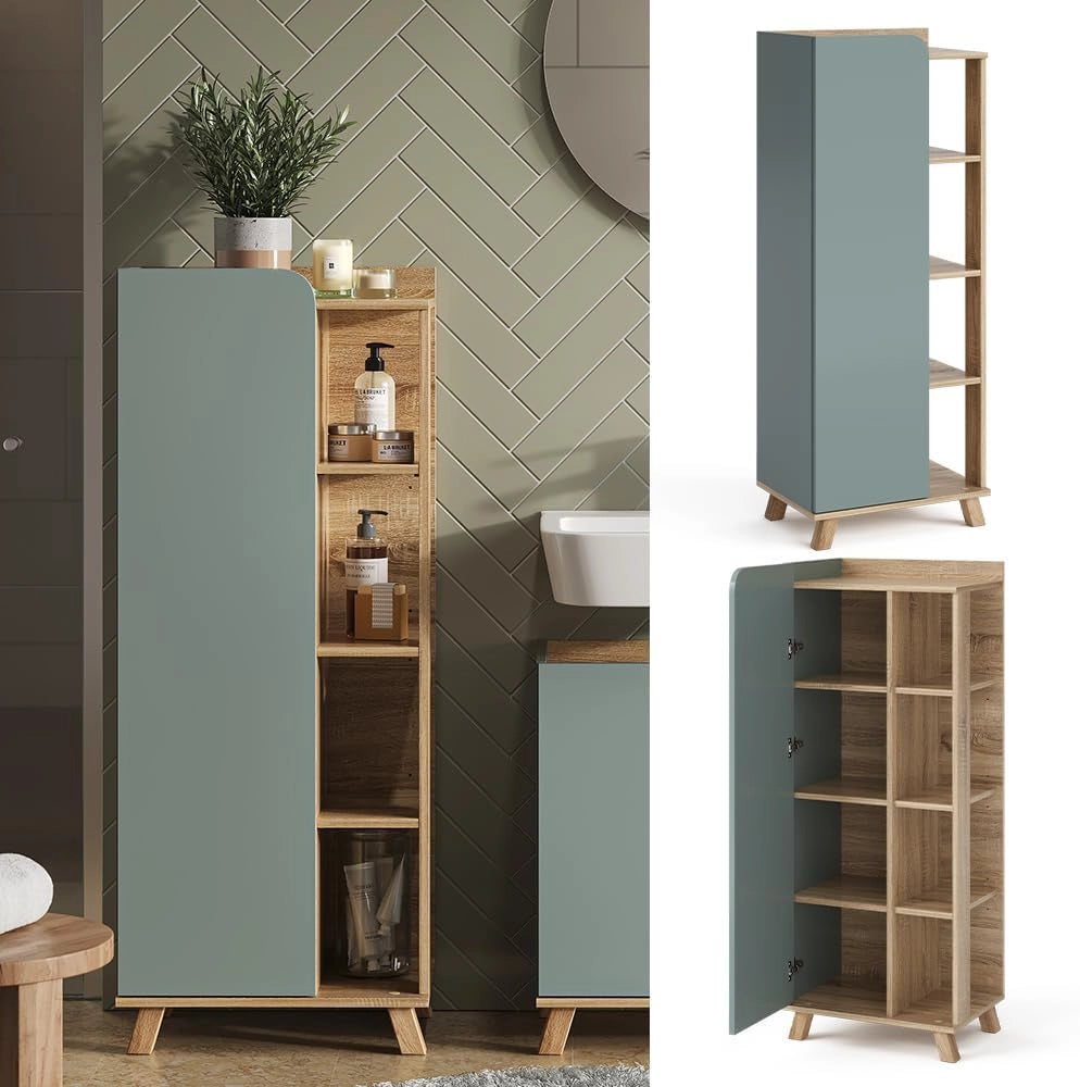 Mobiletto bagno Karen, Sonoma/blu, 50 x 128 cm con porta e vani aperti, per la conservazione di articoli da bagno e asciugamani