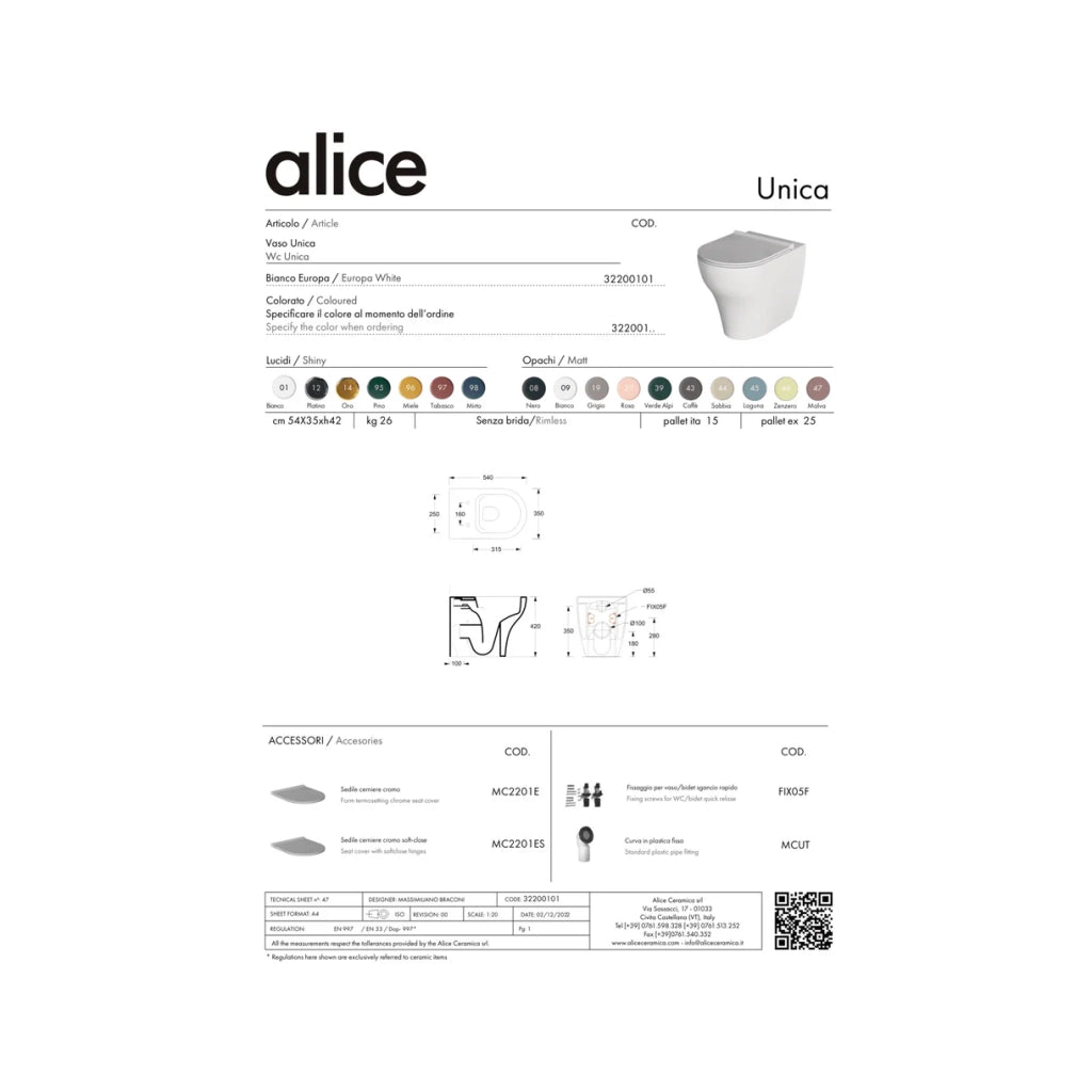 Coppia Di Sanitari Alice Ceramica Da Terra Filo Muro Senza Brida Bianco Lucido "Unica"
