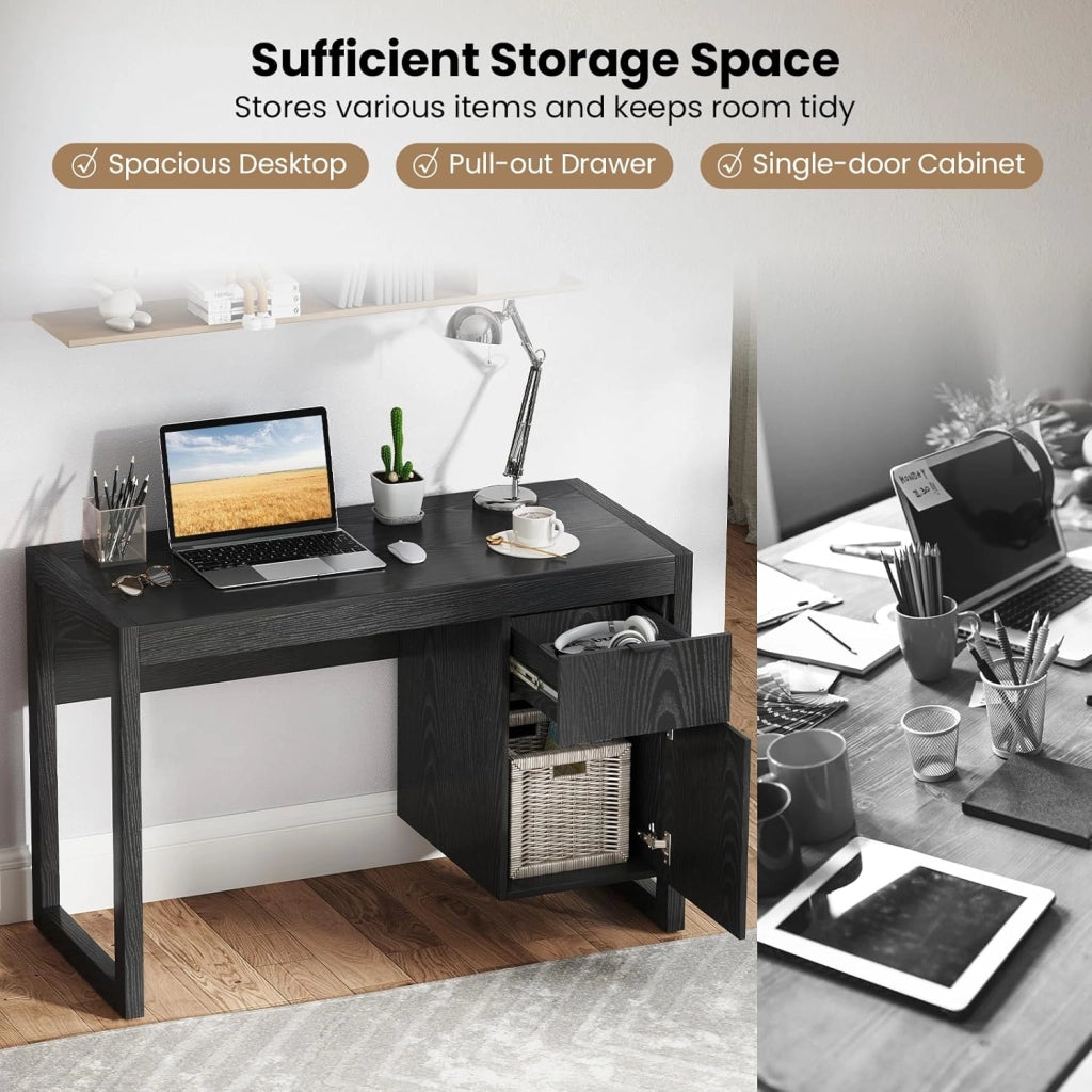 Scrivania per Computer, Scrittoio per Studio Moderno con Cassetto e Armadietto Spazioso in Legno Solido, per Ufficio/Casa, Portata di 70kg, 112,5x 50x75cm, Bianco (Nero)