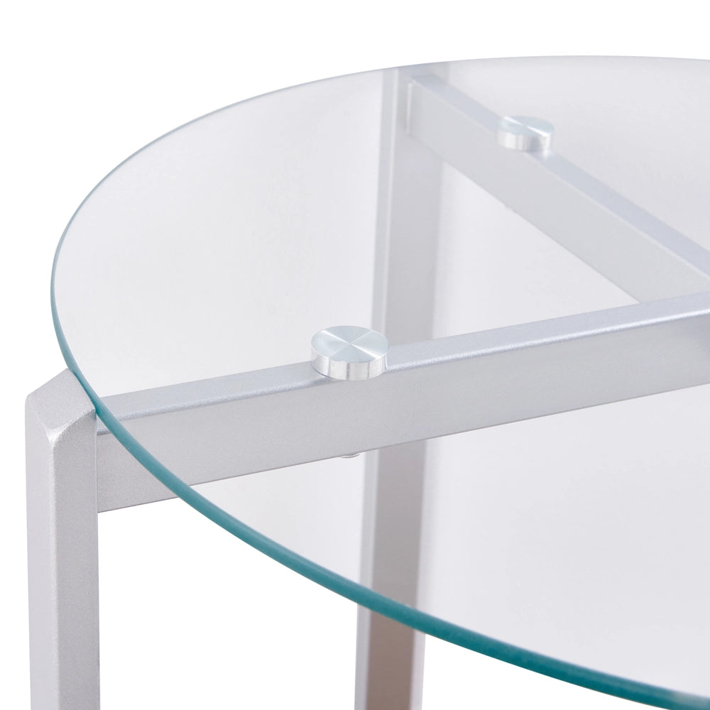 Tavolino moderno piano in vetro temperato con 1 ripiano legno chiaro e argento stile moderno